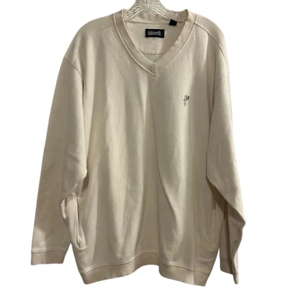 Ashworth Men's V-Neck Golf Pullover Sweater Beige Size L‎ Side Pockets